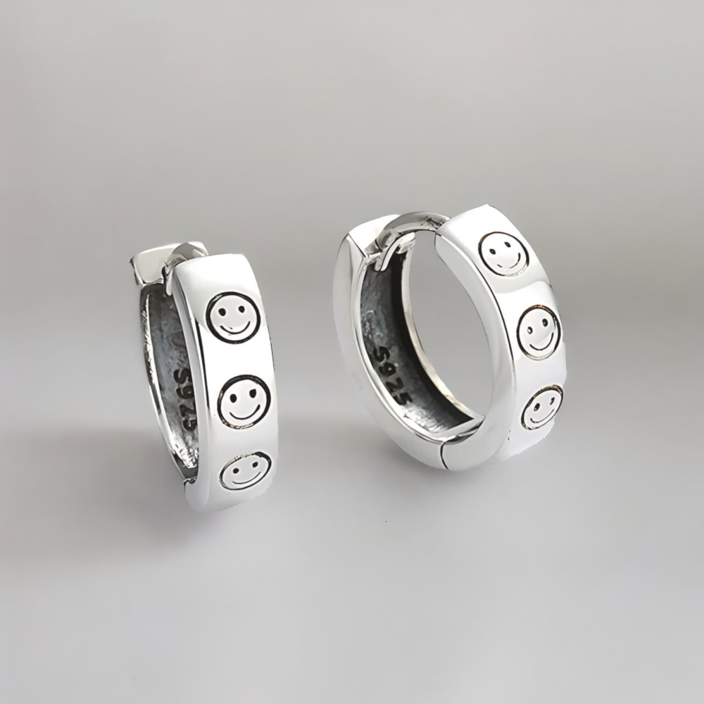 Boucles d'oreille argent homme femme creoles cisele emoji sourire - paire