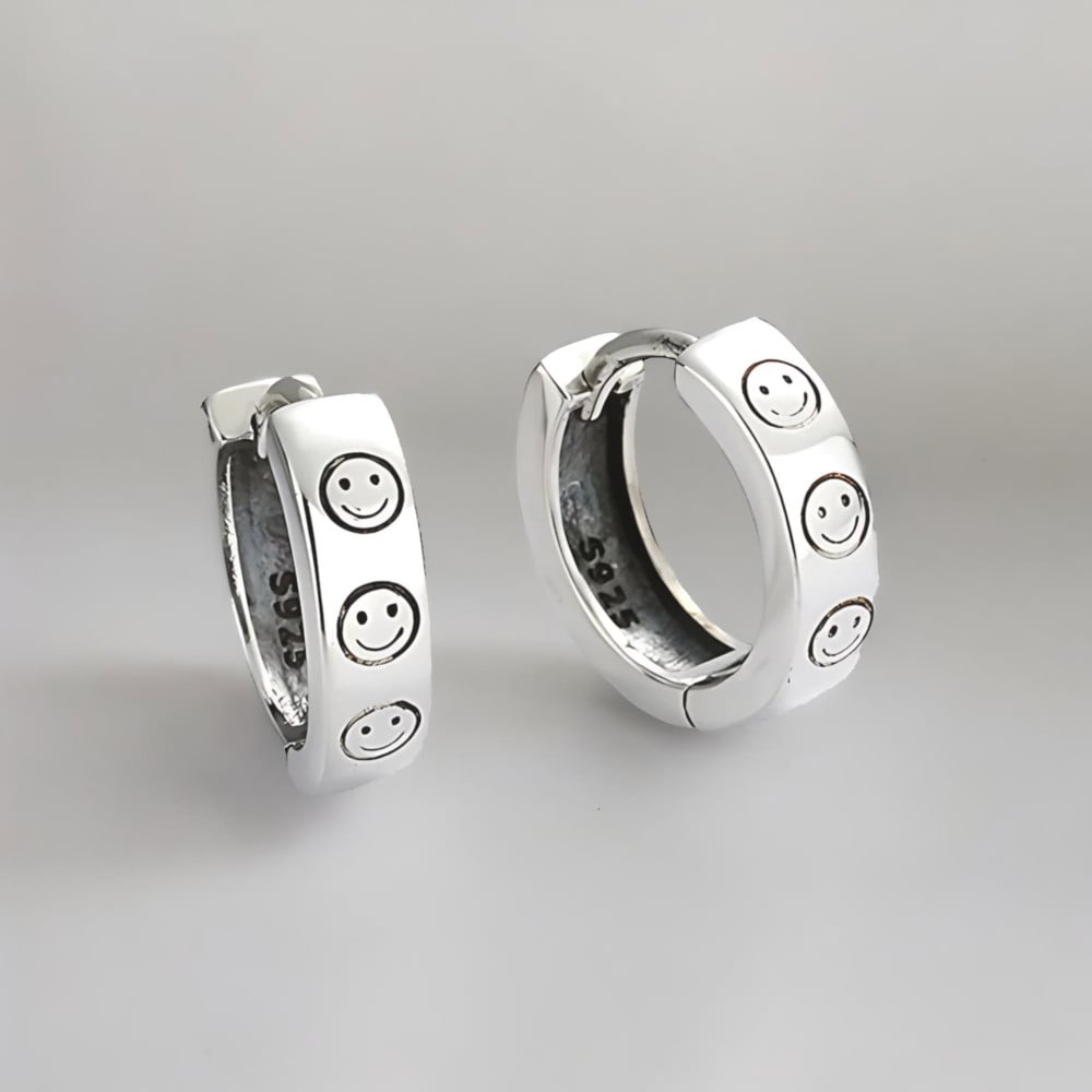 Boucles d'oreille argent homme femme creoles cisele emoji sourire - paire