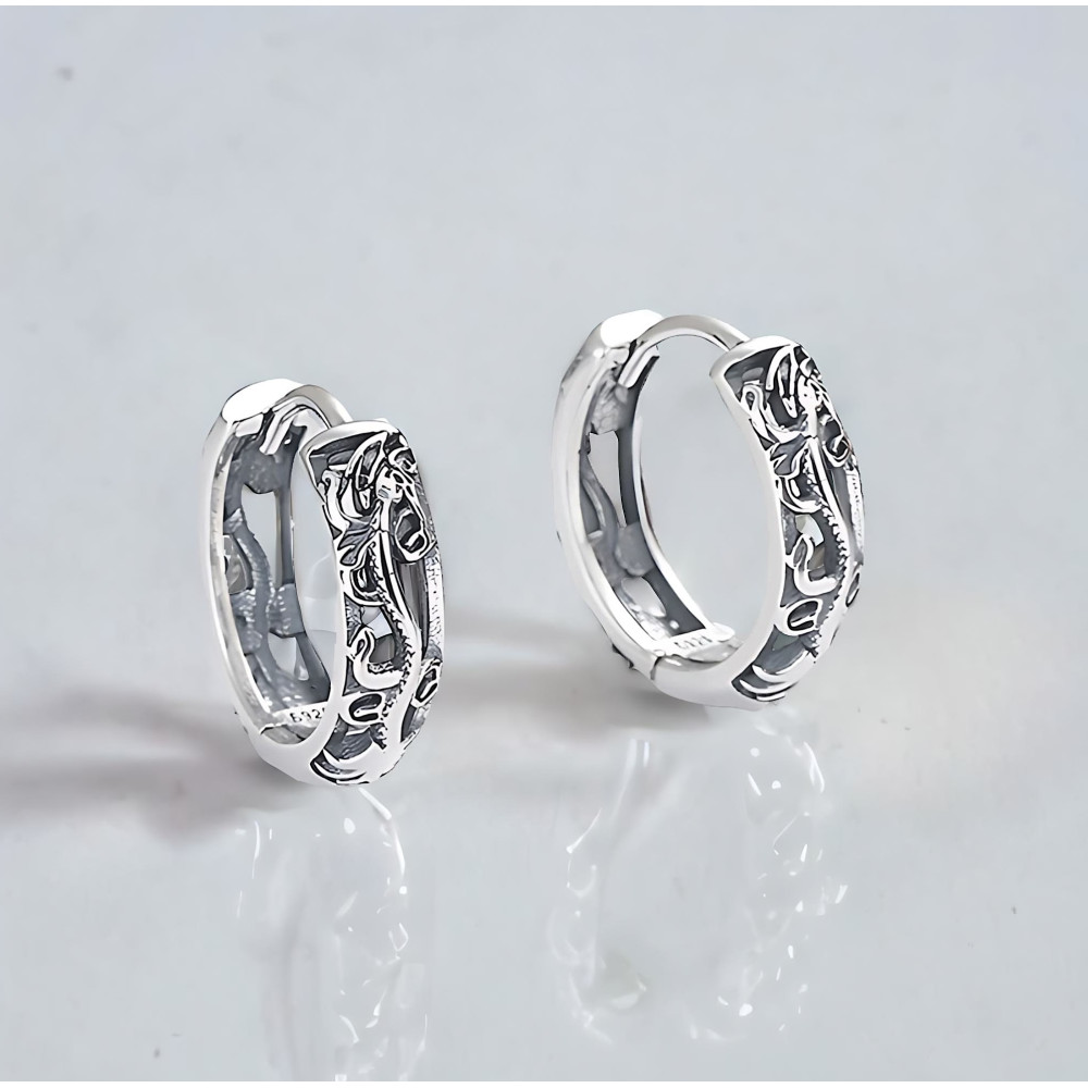 Silver hoop earrings carved dragons zodiac