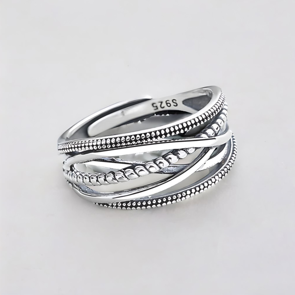 Bague Femme Argent 925 Ouverte Réglable – Design Torsadé et Perlé Élégant