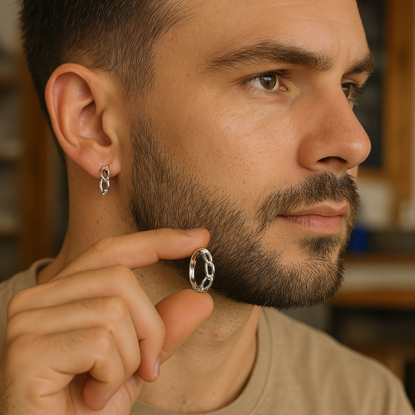 Boucles d'oreille argent creoles chaine homme femme