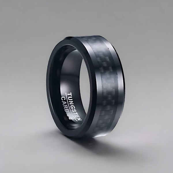 N Bague homme tungstene anneau noir fibre de carbone personnaliser