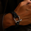 Bracelet homme cuir cordons noir fermoir manille marin acier
