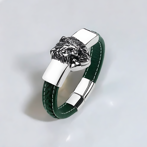 Bracelet homme cuir noir tete de lion acier