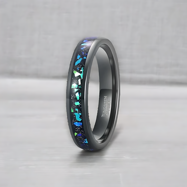 Bague personnalisee alliance tungstene opale bleue