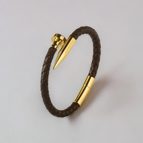 Bracelet homme cuir tresse jonc clou fermoir acier