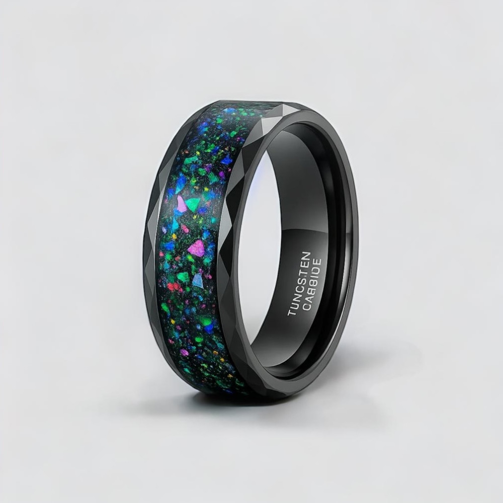 Anillo de alianza de tungsteno con ópalo multicolor personalizado para hombres y mujeres