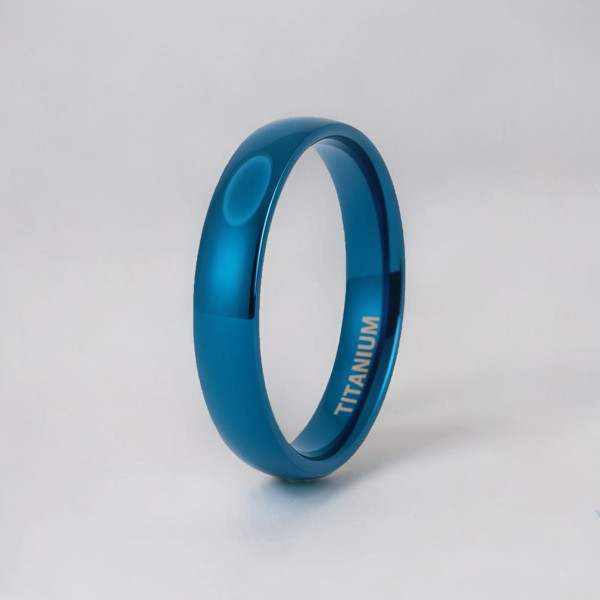 Gepersonaliseerde herenring, alliantie in blauw titanium, gepolijste band om te graveren