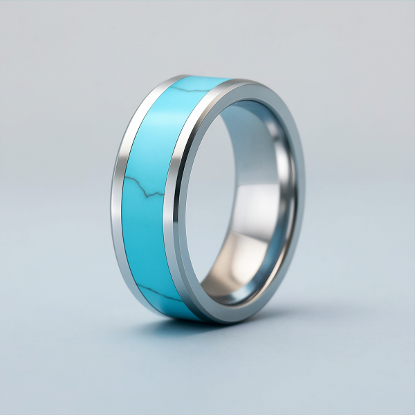 Bague homme tungstene anneau ruban turquoise a graver