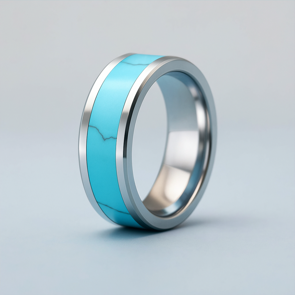 Bague homme tungstene anneau ruban turquoise a graver