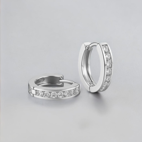 Rhodium Plated Sterling Silver Cubic Zirconia Inlay Hoop Earrings