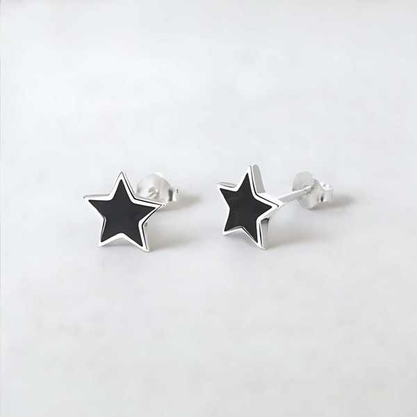 Men's Sterling Silver Stud Pentacle Black Resin Inlay Earrings - pair