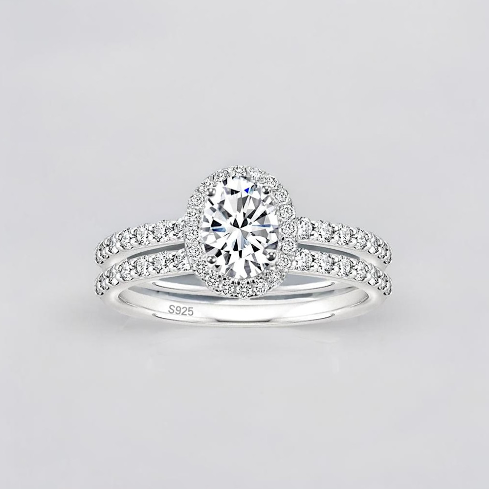 Bague de fiançailles femme double anneau argent zirconium ovale 3 couleurs