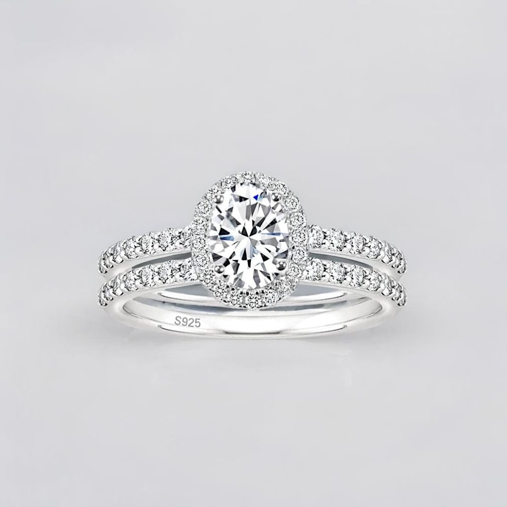 Bague de fiançailles femme double anneau argent zirconium ovale 3 couleurs