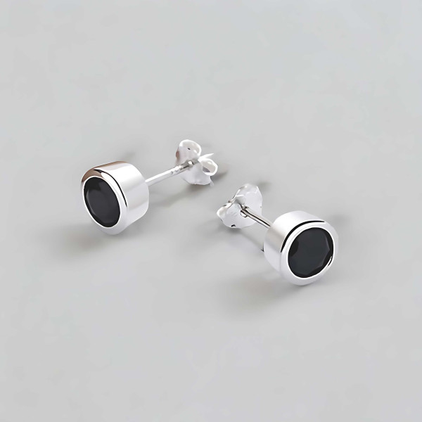 Boucles d'oreilles clous ronds argent homme femme zirconium noir