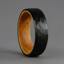 Black Brushed Tungsten Ring Hammered Interior Oak Wood