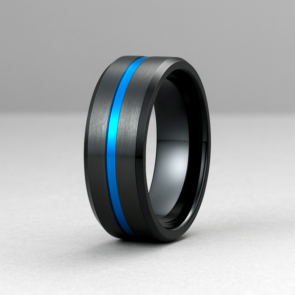 Bague homme tungstene rainure central plaque bleu personnalisable