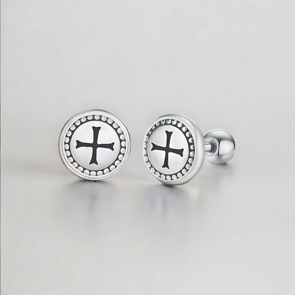Boucles d'oreilles homme clous croix noire acier