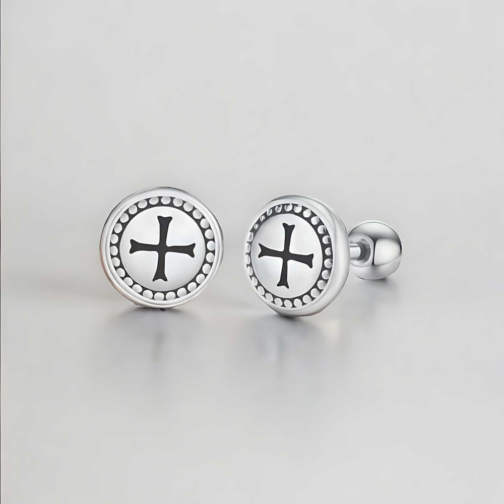 Boucles d'oreilles homme clous croix noire acier
