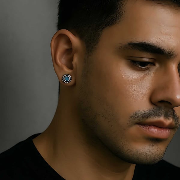 Boucles d'oreilles homme clous acier onyx bleu