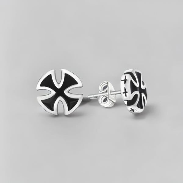 Men's black Maltese cross steel earrings