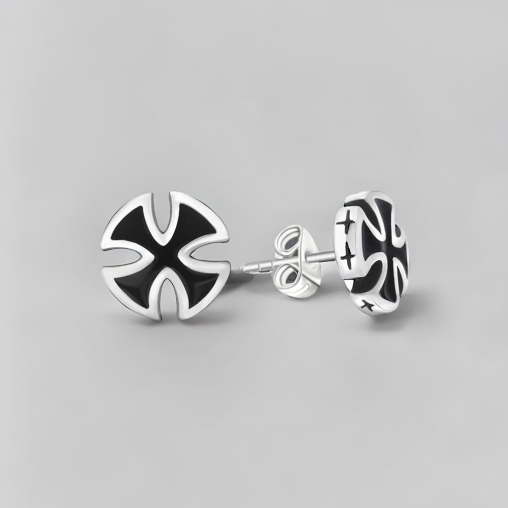 Pendientes de hombre cruz de Malta de acero negra