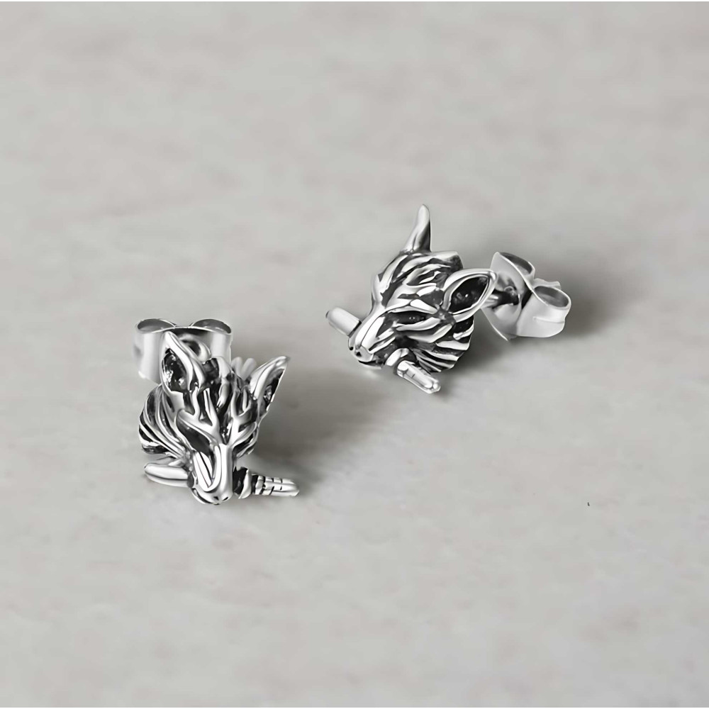 Boucles d'oreilles clous homme tete de loup acier