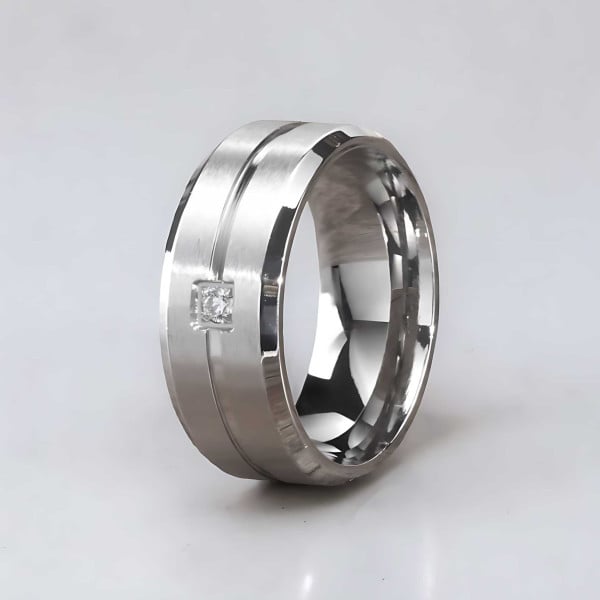 M Bague personnalisee acier brosse rainure zirconium homme femme