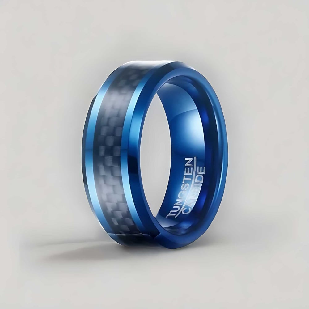 Bague homme anneau tungstene bleu fibre de carbone personnalisable