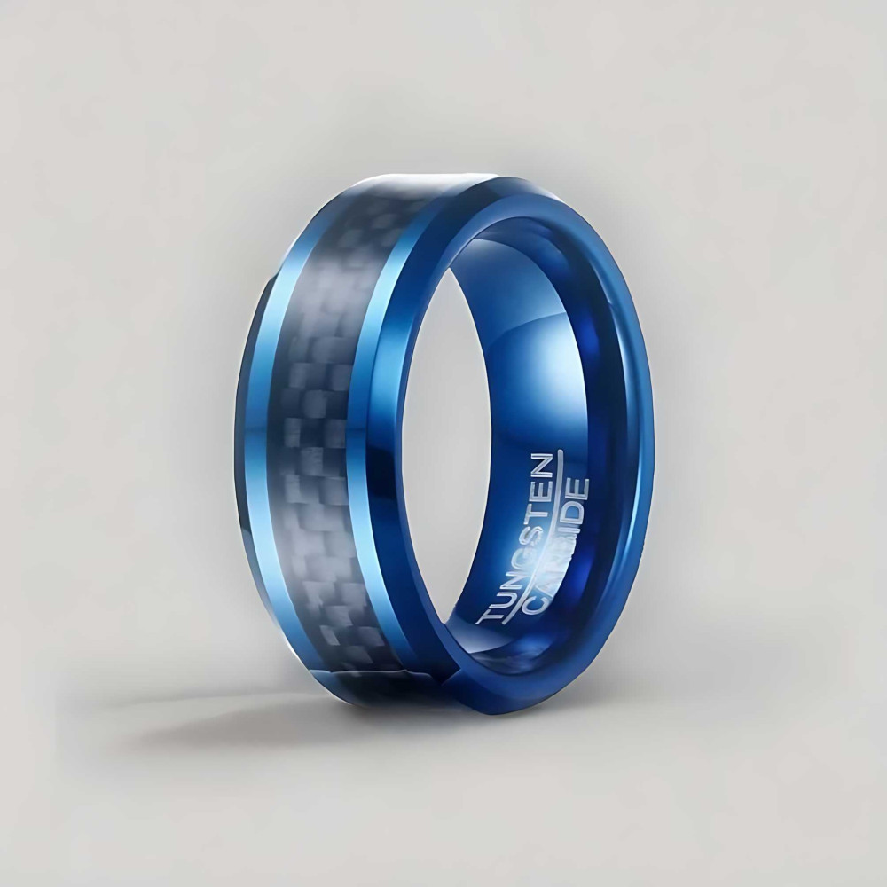 Bague homme anneau tungstene bleu fibre de carbone personnalisable