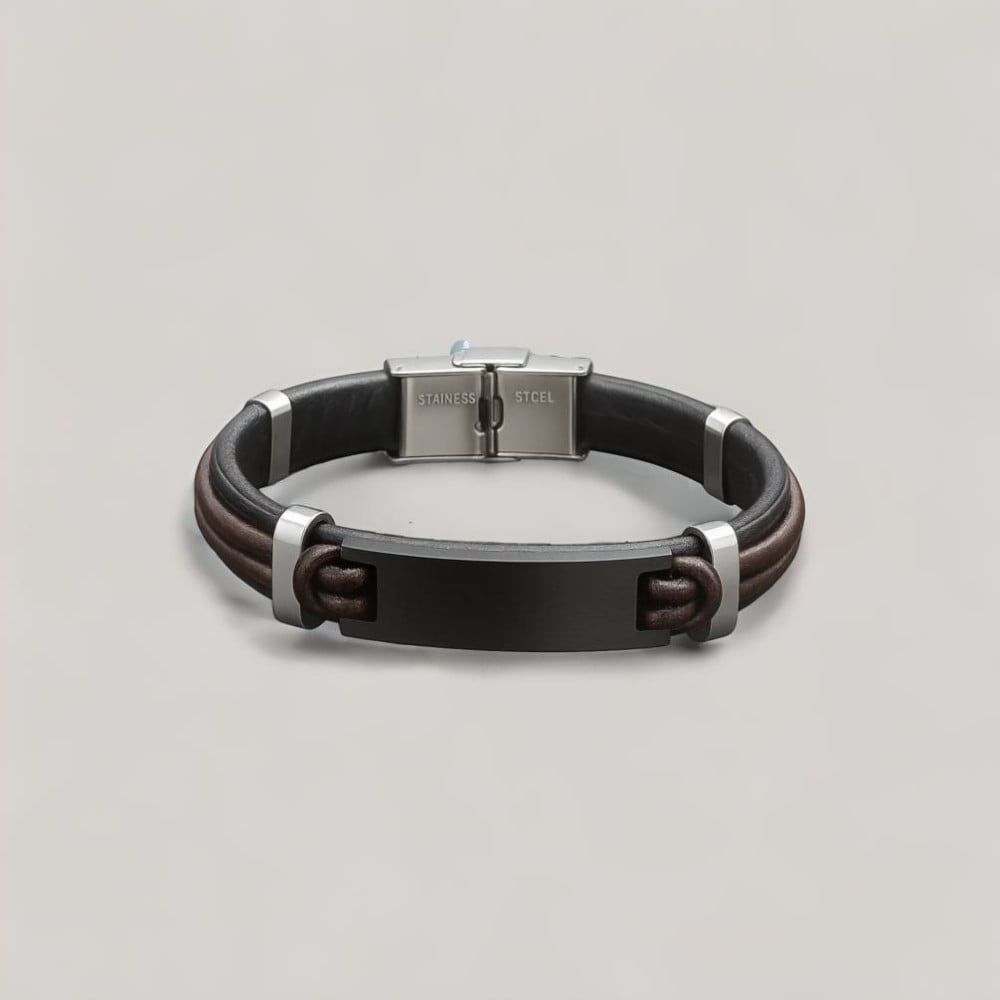 N Bracelet personnalise cuir gourmette homme plaque acier