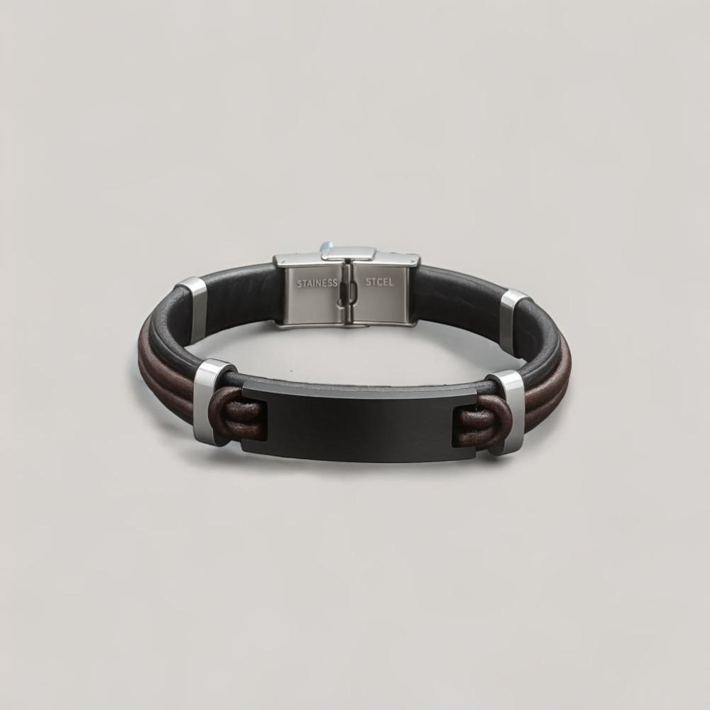 Bracelet personnalise cuir gourmette homme plaque acier