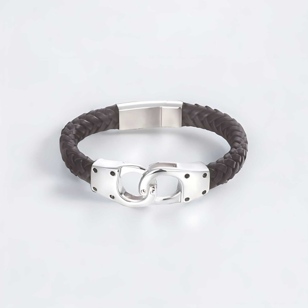 Bracciale da uomo in pelle intrecciata con manetta in acciaio