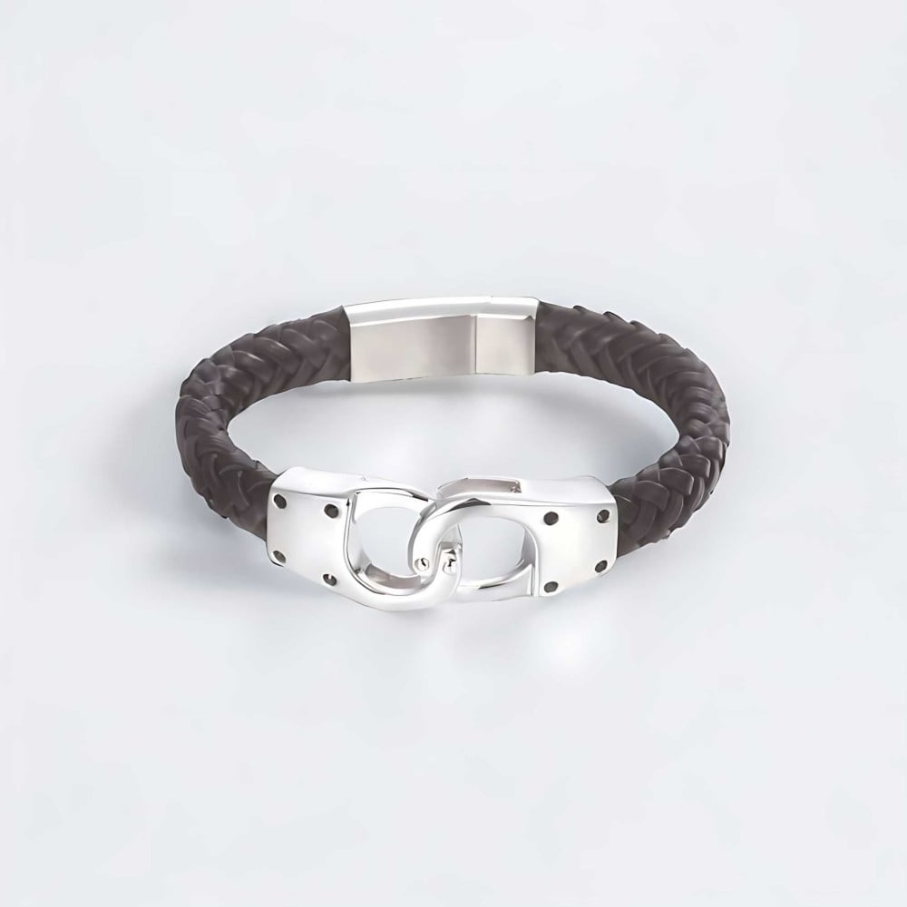Bracelet homme cuir tresse avec menotte acier