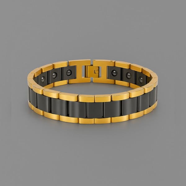Bracelet homme ceramique noir chaine plaque or magnetique