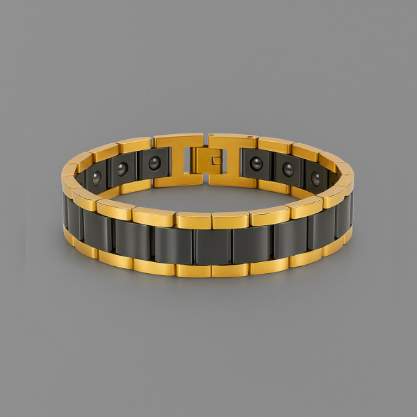 Bracelet homme ceramique noir chaine plaque or magnetique