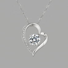 Polished Heart Sterling Silver Cubic Zirconia Inlay Pendant Necklace