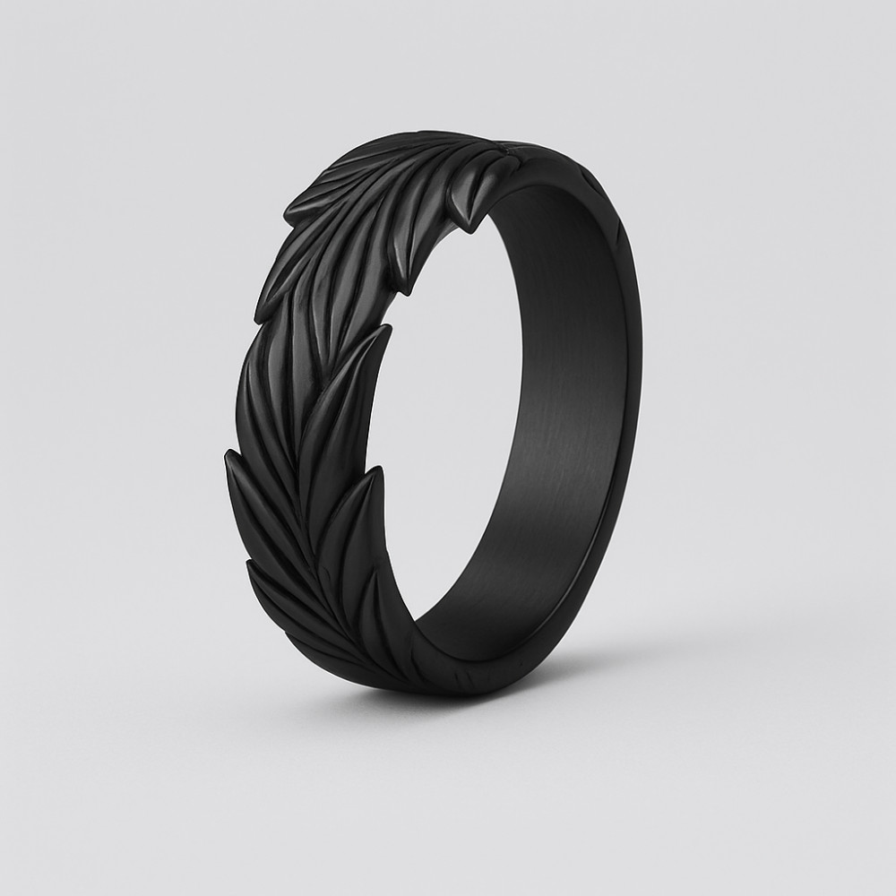 N Bague homme anneau feuilles épi finition oxydé