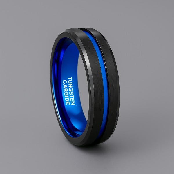 6mm Bague homme tungstene rainure central ligne bleue personnalisable