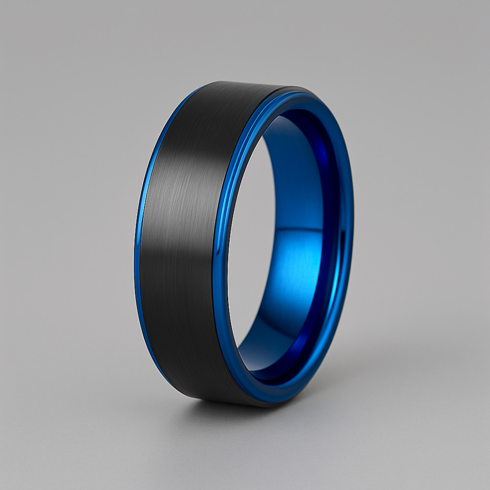 Bague personnalisee tungstene homme finition brosse noir bleu