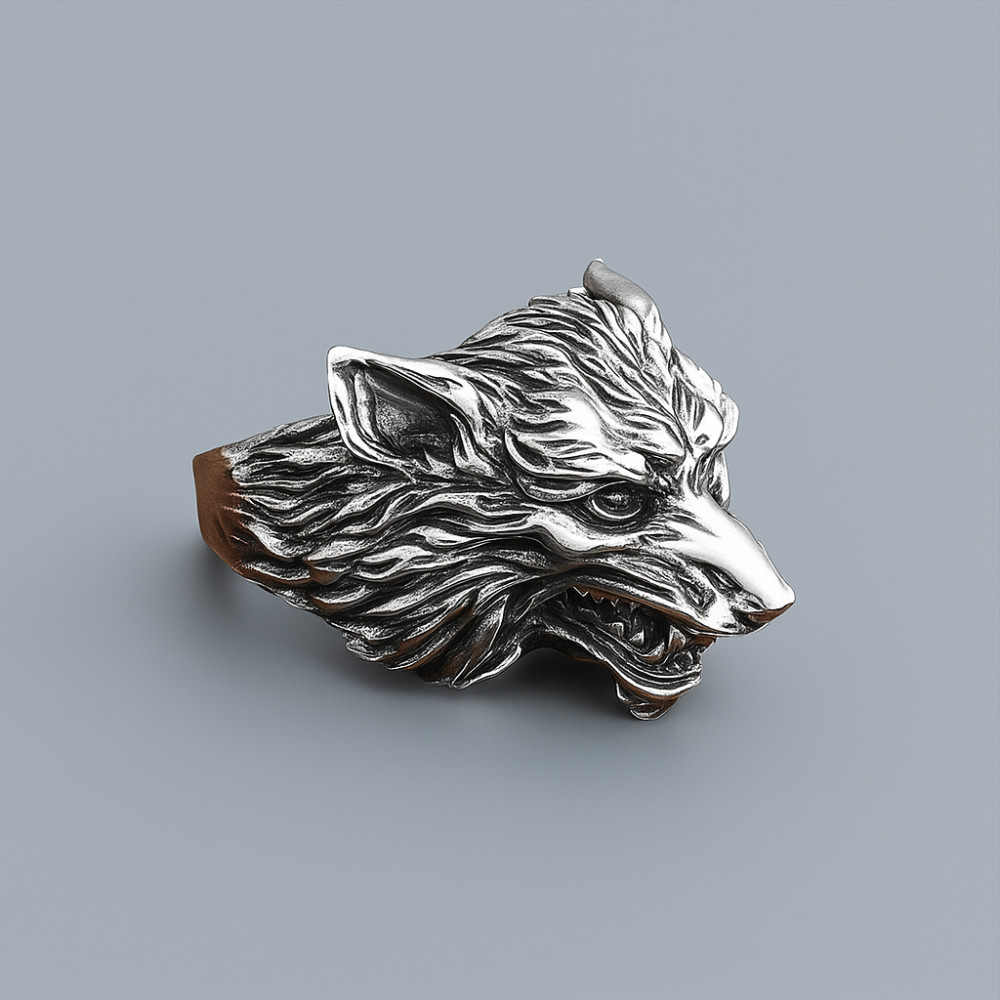 Bague argent homme chevaliere ouverte tete de loup