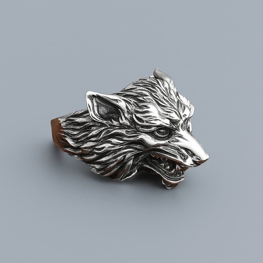Bague argent homme chevaliere ouverte tete de loup