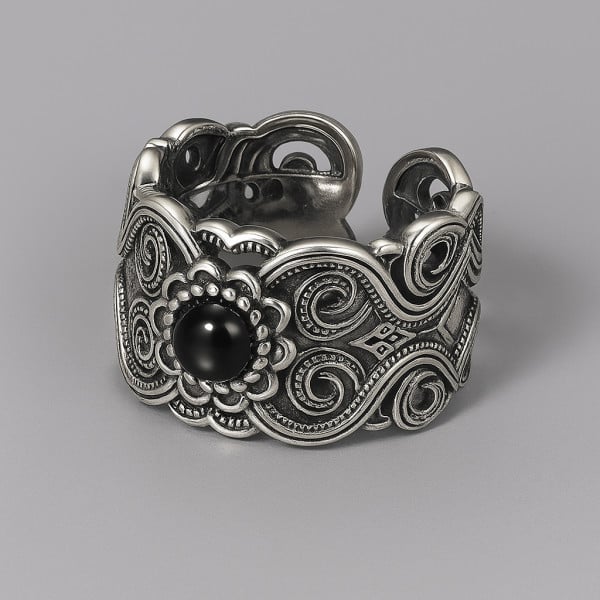 Men's Celtic Black Onyx Stone Open Signet Ring