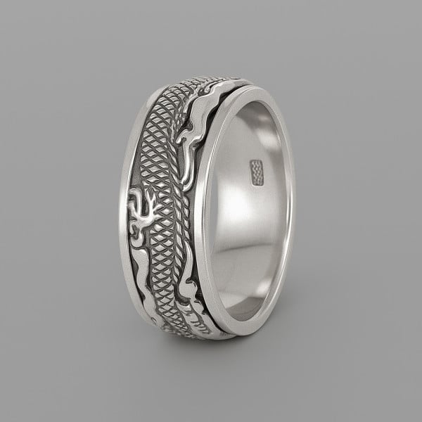 Bague argent anneau homme dragon tournant anti-stress