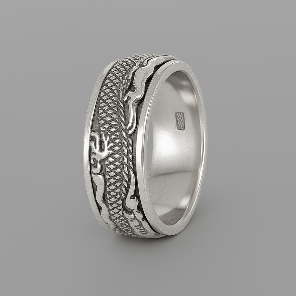 Bague argent anneau homme dragon tournant anti-stress