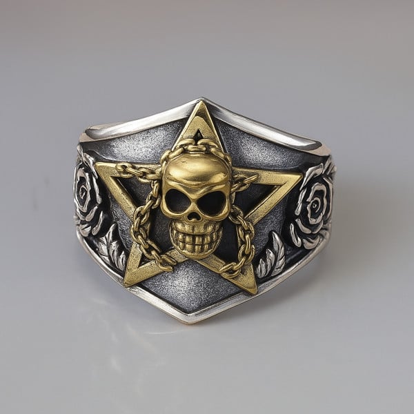 Chevalière Pentacle et Crâne en Argent Massif – Style Gothique et