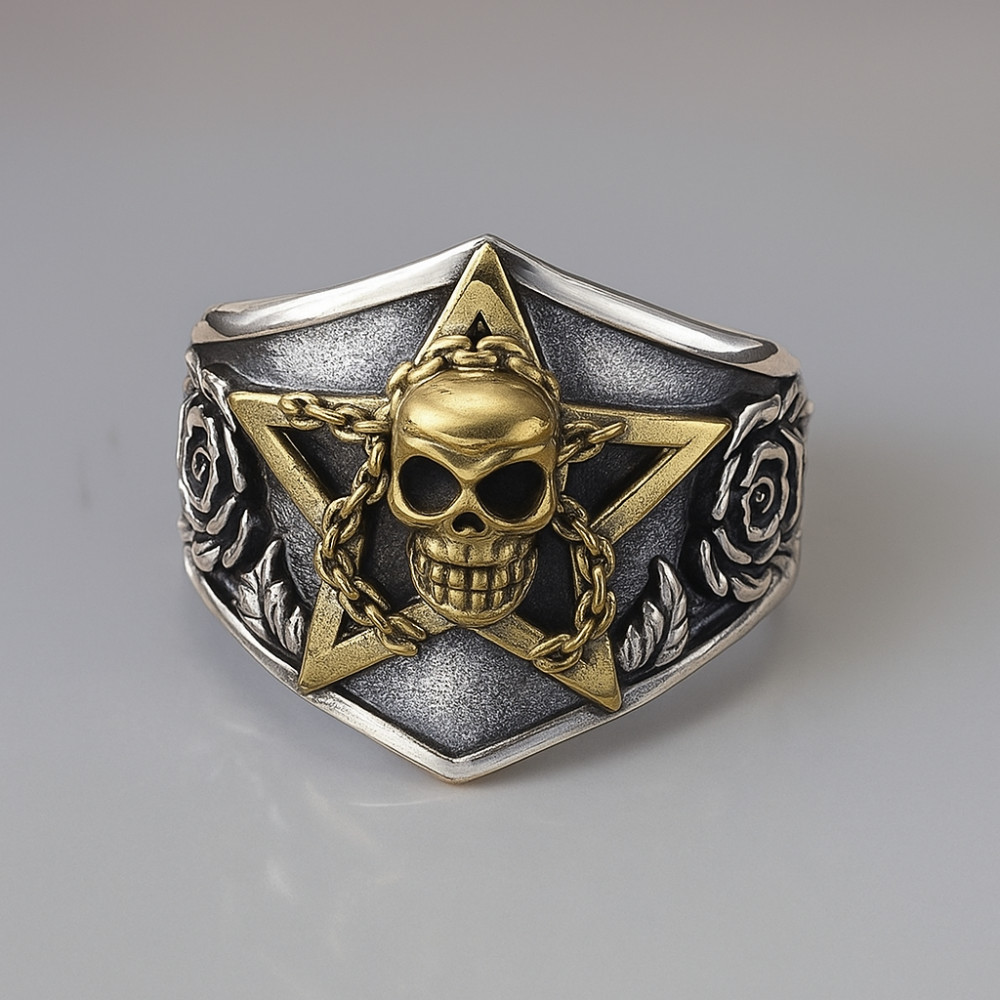 Bague argent chevaliere homme tete de mort pentacle