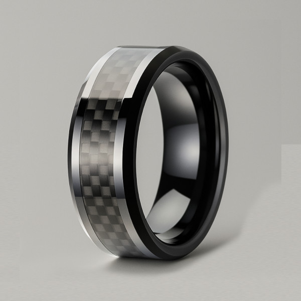 6mm Bague ceramique noire homme fibre de carbone personnalisable