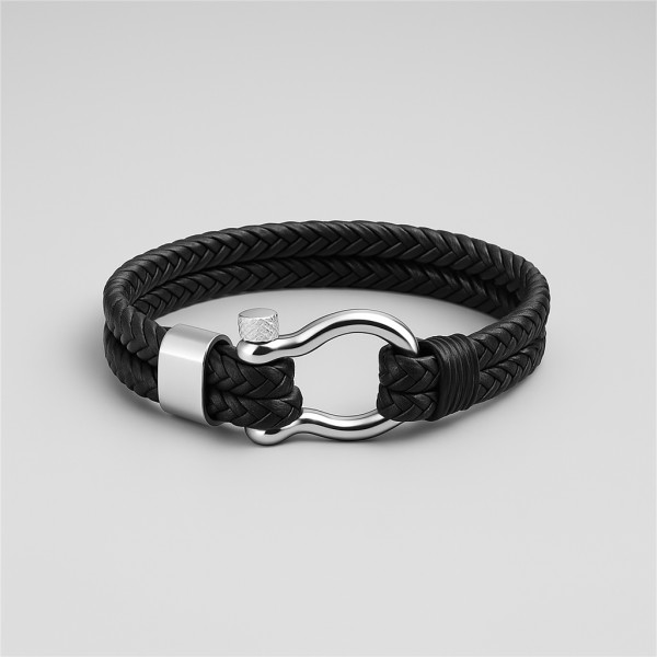 Bracciale da uomo in pelle nera, cordini in acciaio, chiusura con grillo marino