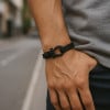 M Bracelet homme cuir cordons noir fermoir manille marin acier